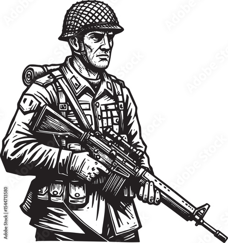 Black and White Illustration of a Soldier Holding a Rifle Standi