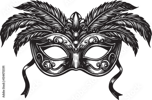 Elegant Hand-Drawn Venetian Mask with Feathers for Carnival and