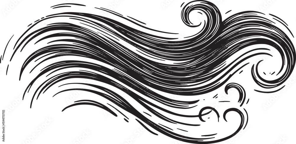 Fototapeta premium Black and white hand drawn stylized hair or wave illustration on