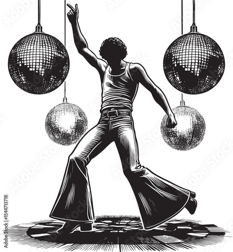 Vintage disco dancer silhouette performing under glimmering disc