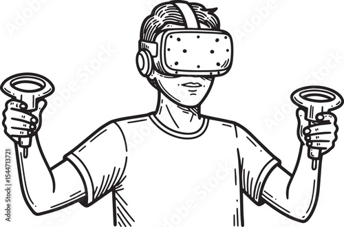 Illustration of a Man Wearing a Virtual Reality Headset and Hold
