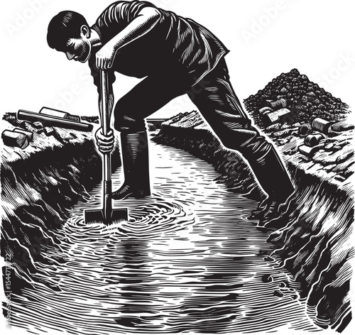 Man laboriously digging drainage trench in flood-prone area with