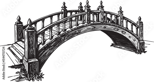 Detailed black and white illustration of a wooden bridge for use