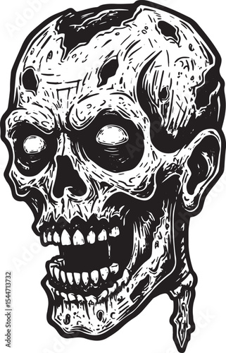 Detailed Black and White Illustration of a Spooky Zombie Skull o