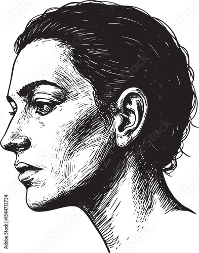 Detailed Pen and Ink Portrait of a Woman's Profile Against a Whi
