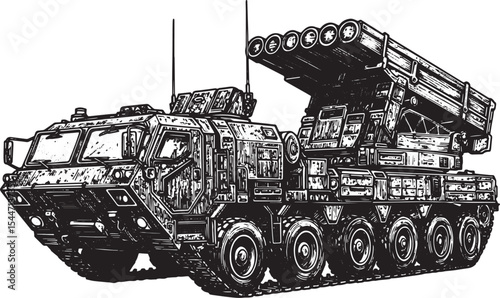 Detailed black and white illustration of a modern military rocke