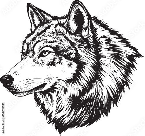 Detailed Pen and Ink Drawing of a Majestic Wolf Head Profile in