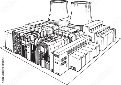 Detailed Line Art Illustration of a Nuclear Power Plant in Isome