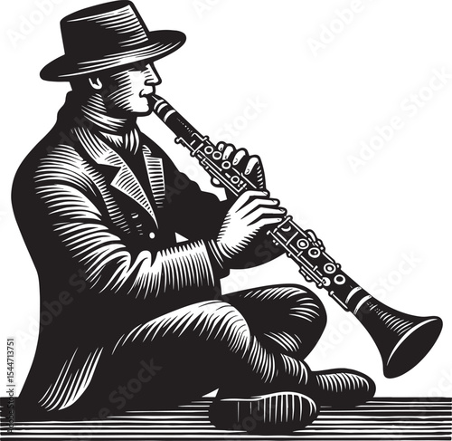 Monochrome woodcut illustration of a musician playing bass clari