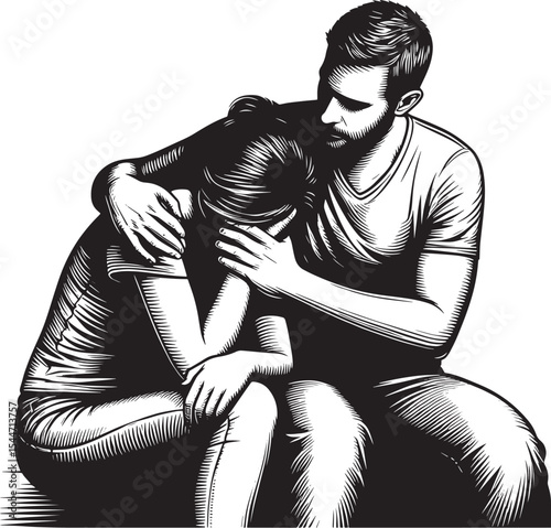 Empathy in distress a woodcut illustration of comforting embrace