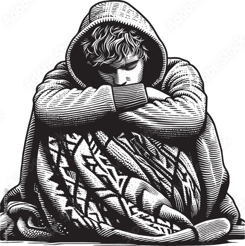 Brooding hooded figure wrapped in patterned blanket in expressiv