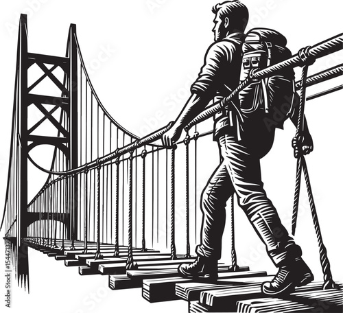 Monochrome illustration of a man traversing a challenging suspen
