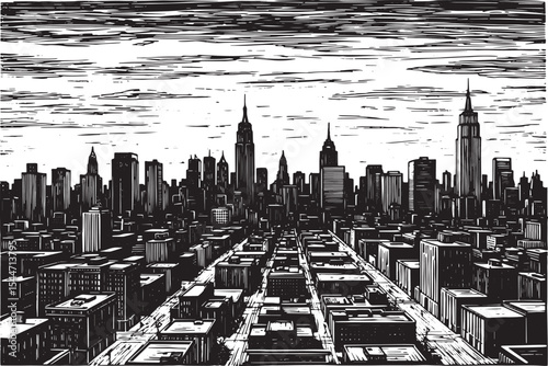 Ink Illustration of New York City Skyline in Black and White Per
