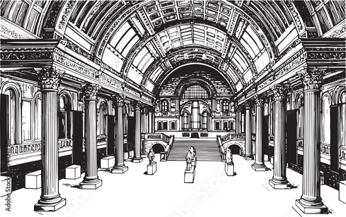 Detailed black and white illustration of a classical museum hall
