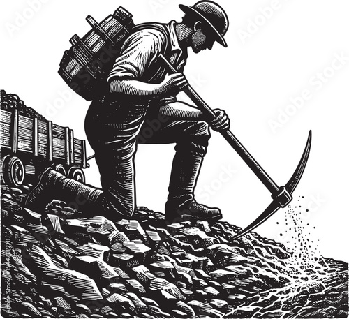 Vintage style illustration depicting a miner extracting ore from