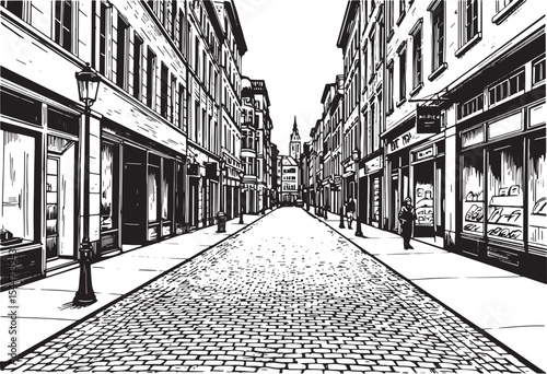 Black and white illustration of a European city street with buil
