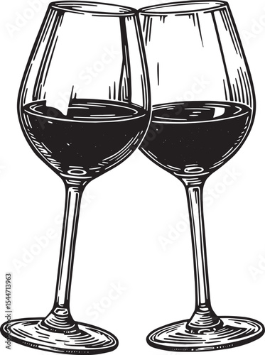 Two Elegant Wine Glasses Clinking Together with Red Wine, Vector