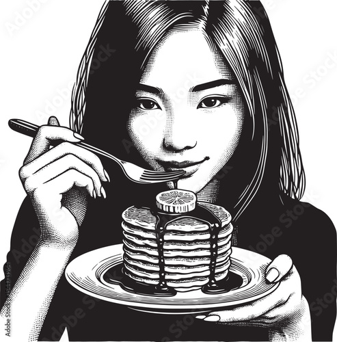 Monochrome delight a person enjoys a stack of syrup drenched pan