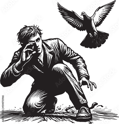 Unexpected encounter a man's startled reaction to a pigeon's sud