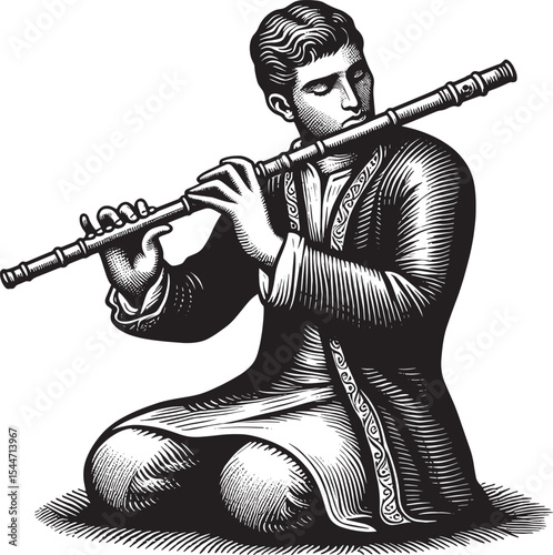 Monochrome woodcut illustration of a flute player immersed in hi