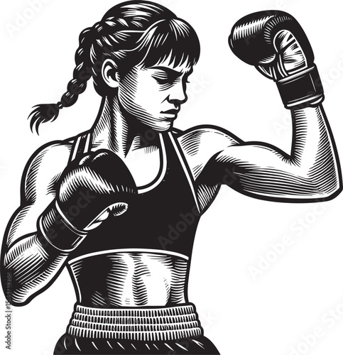 Bold monochrome image of a female boxer in a dynamic, focused st