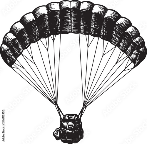 Detailed black and white illustration of a parachute equipment i