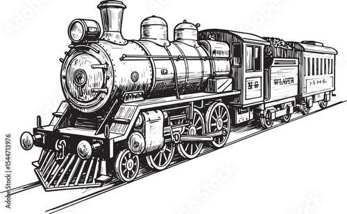 Detailed vintage steam train illustration on a white background
