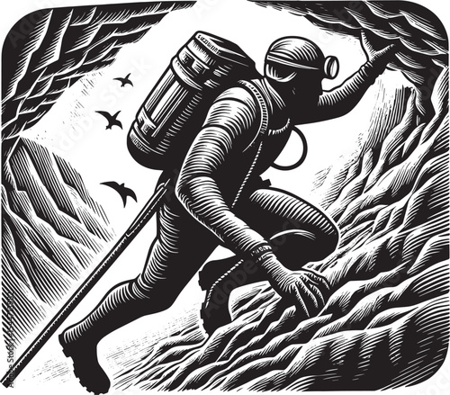 Monochrome woodcut illustration depicting a cave explorer ascend