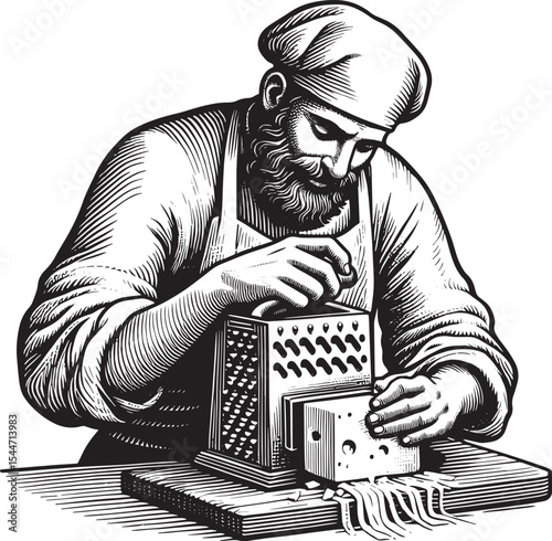 Engraved Style Illustration of a Man Grating Cheese with a Box G