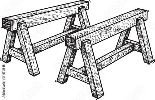Detailed Black and White Illustration of Two Wooden Sawhorses on