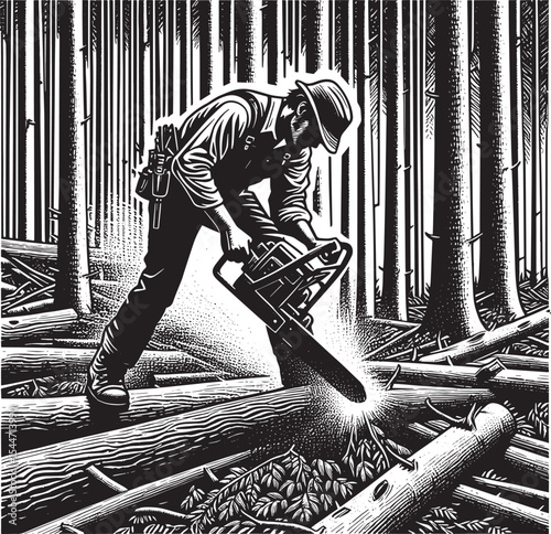 Lumberjack in action cutting a tree in a dense forest with vinta