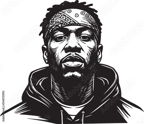 Black and White Portrait Illustration of a Man with Bandana and