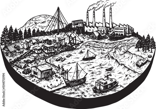 Illustration of a coastal town with boats, factories, and enviro