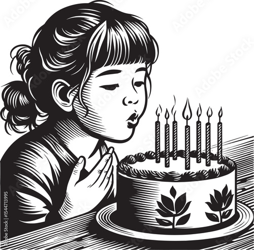 A monochrome woodcut of a child blowing out candles on a birthda