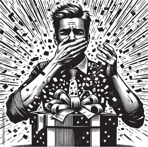 Surprised Man with Confetti Explosion from Present in Woodcut Il