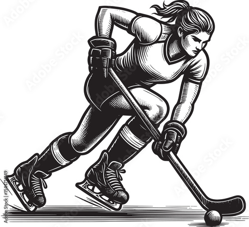 Dynamic Woodcut Illustration of a Focused Female Hockey Player i