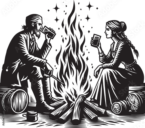 Intimate gathering: Couple sharing drinks by campfire in monochr