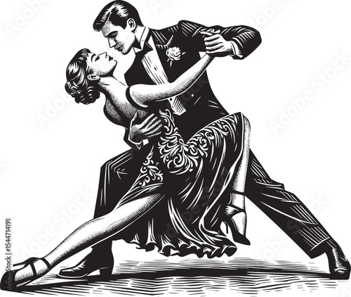 Elegantly rendered ballroom dance embrace in classic vintage woo