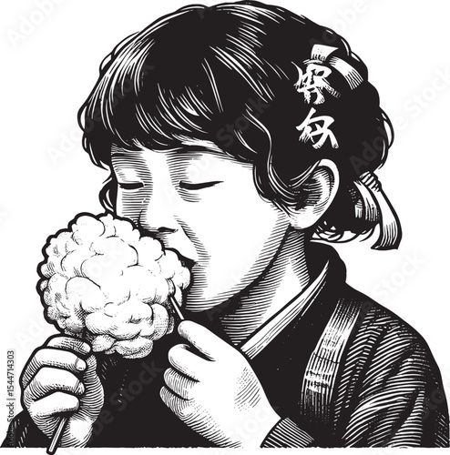 Monochrome woodcut illustration of a child savoring sweet cotton