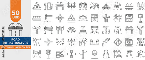 Road Infrastructure Line Icon Set – Editable Vector Icons for Highways, Construction, Traffic, Transport, Bridges, and Road Signs. Editable Stroke. Vector illustration