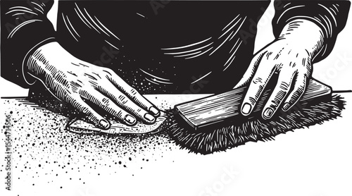 Illustration of hands cleaning a surface with a brush and sandpa