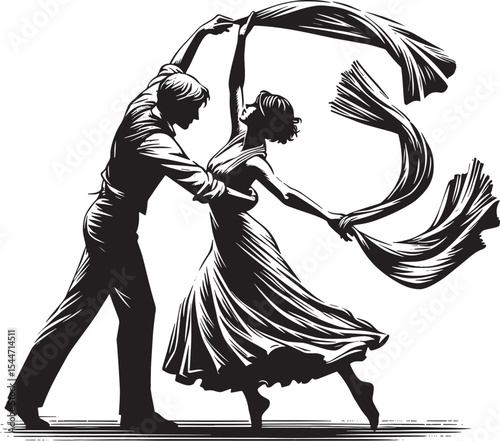 A couple gracefully dancing with a flowing silk scarf, depicted