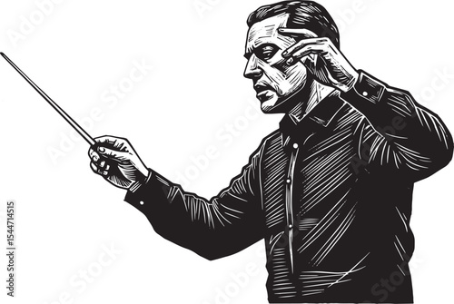 Black and White Illustration of a Conductor Leading an Orchestra