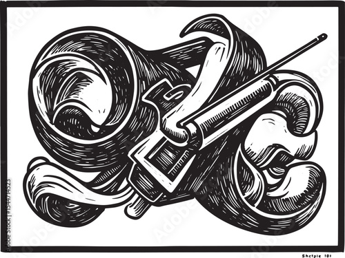 Abstract illustration of a syringe and a swirling organic form i