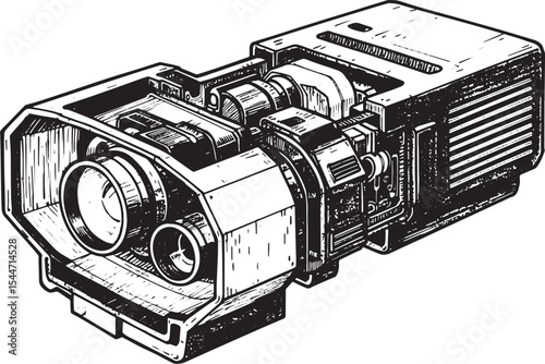 Detailed Illustration of a Technical Device with Lenses and Comp