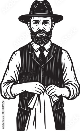 Illustration of a vintage man wearing a hat, vest, and tie holdi