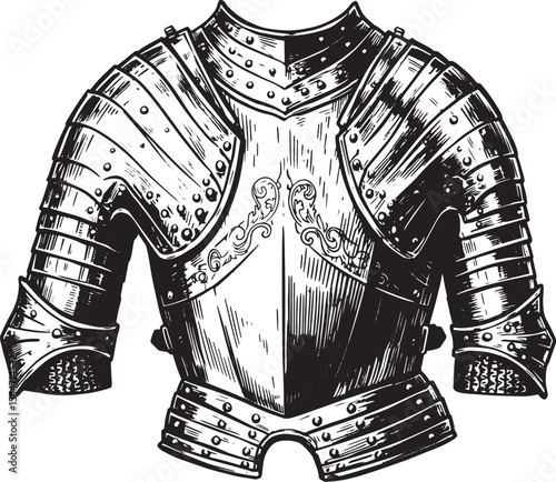 Detailed Illustration of Medieval Knight Armor in Black and Whit