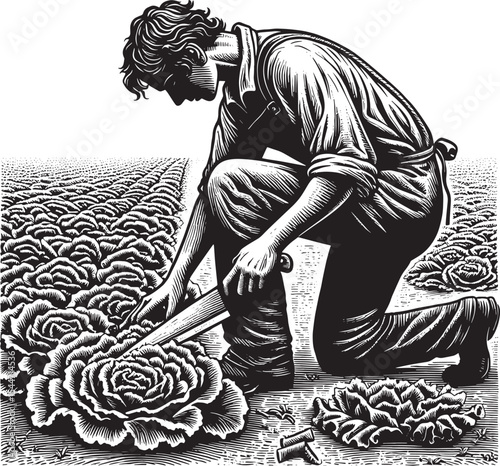Harvesting lettuce heads by a diligent farmer in a vintage inspi