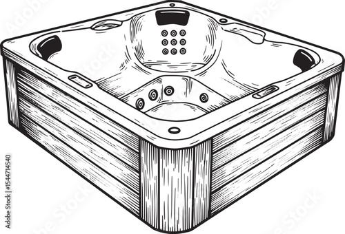 Detailed Black and White Illustration of a Modern Outdoor Hot Tu