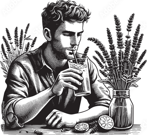 Elegant woodcut illustration of a person drinking lavender lemon